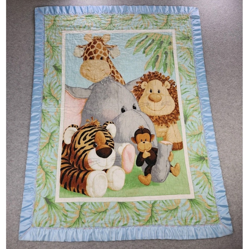 Baby Blanket Quilt Jungle Giraffe Tiger Elephant Monkey Security Satin Boy 42x32